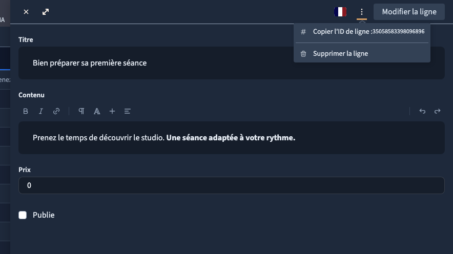 Le menu de la fiche propose sa suppression.
