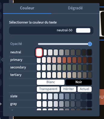 Le sélecteur de couleur du texte et les nuances du thème