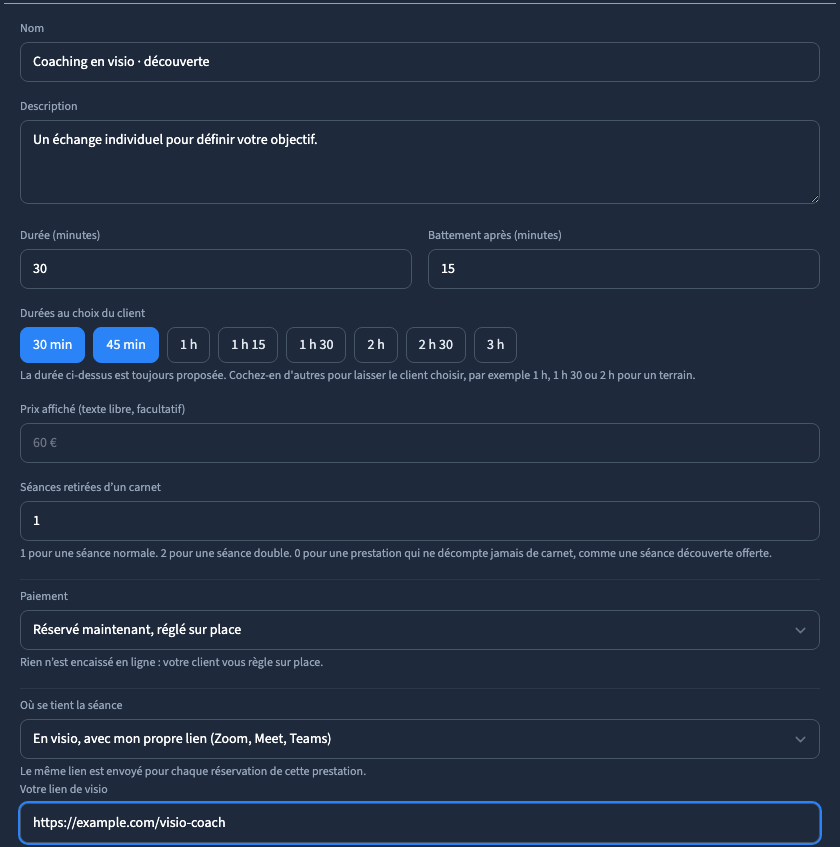 Le lien de visio de votre prestation