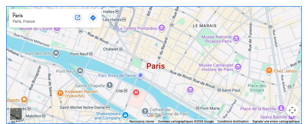 La carte présente le lieu demandé dans la page.