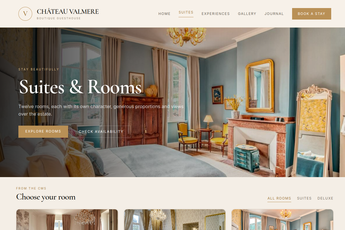 Château Valmere Suites page powered by CMS, captured from the real Communik staging site