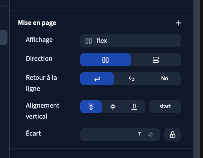 Direction, alignement et Écart se règlent sur le parent