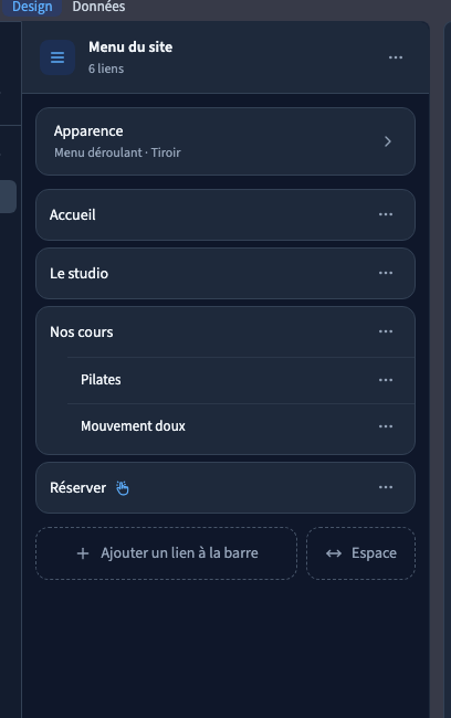 Le menu se règle à côté de la page.