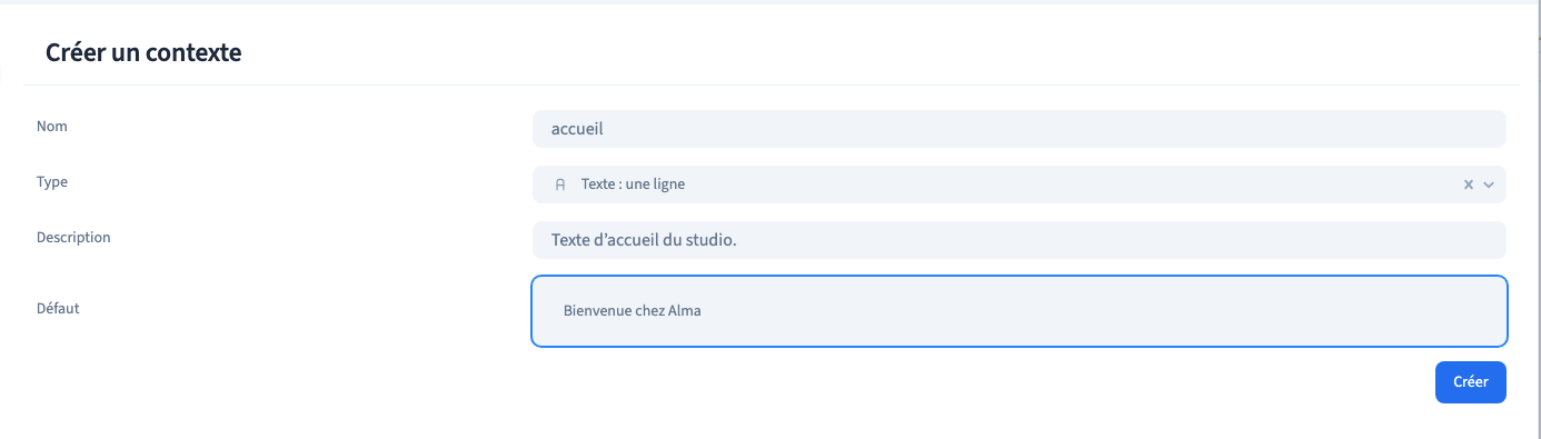 Le nom, la description et la valeur de départ.