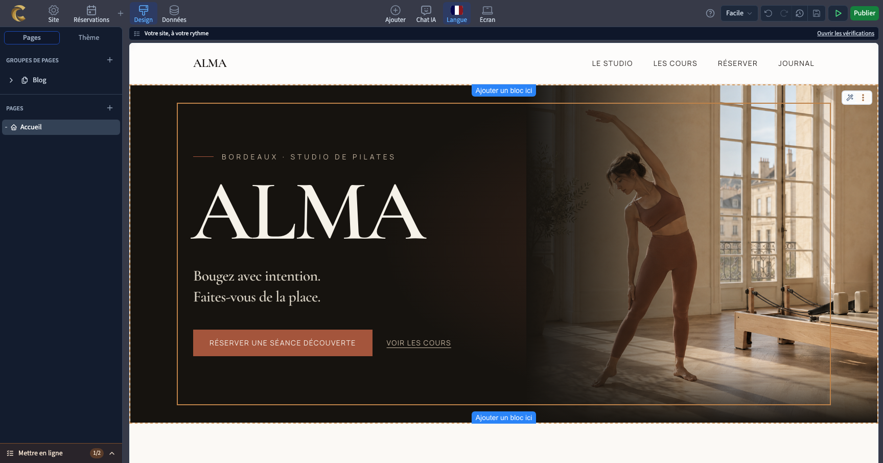 Le projet Alma dans Design : pages, commandes du haut et rendu
