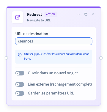 Les options disponibles dans la carte Redirect.