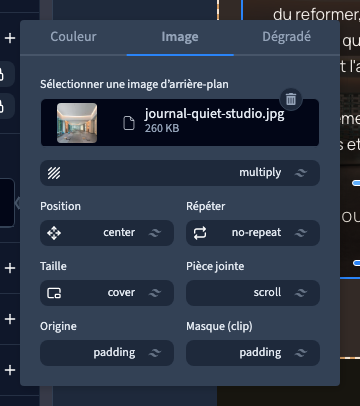 Les réglages de l’image de fond dans le panneau visuel