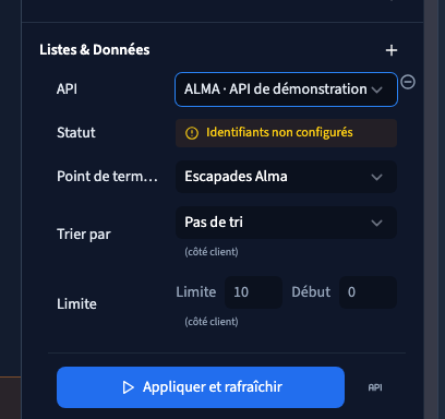 La source et sa requête se choisissent dans API externe.